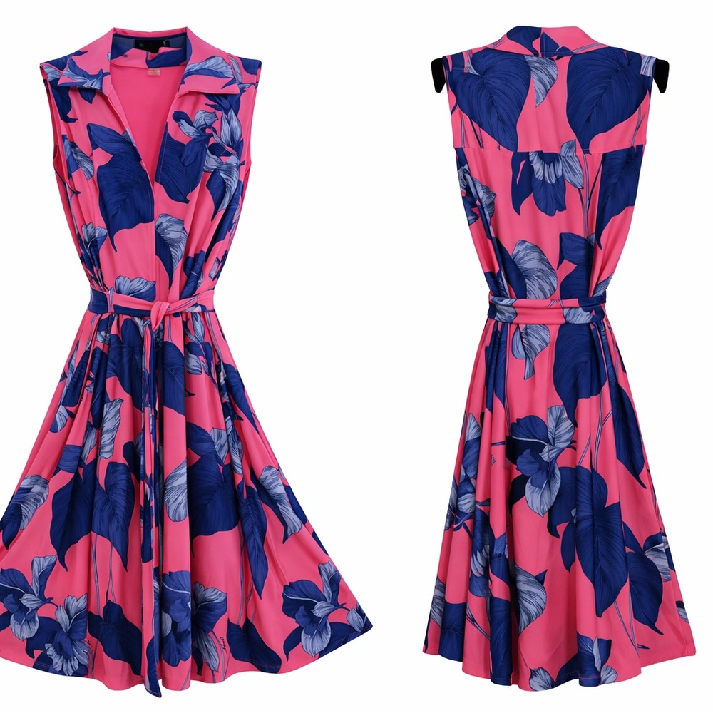 Sleeveless Pink Floral Fit-and-Flare Dress with Belt